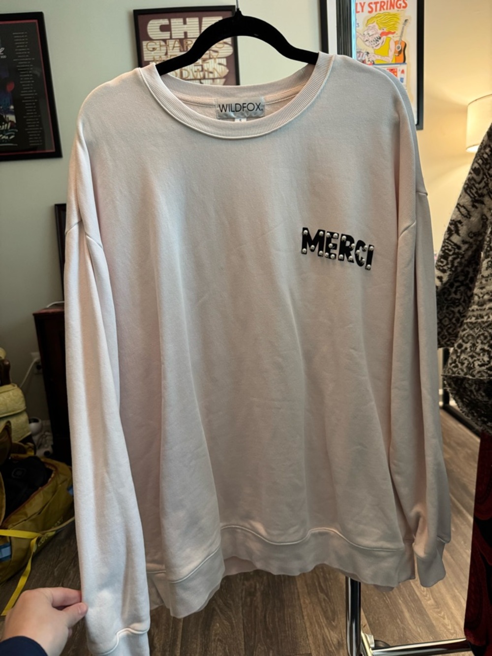 Wildfox Cream Crewneck Sweatshirt with Pearl Beaded Merci